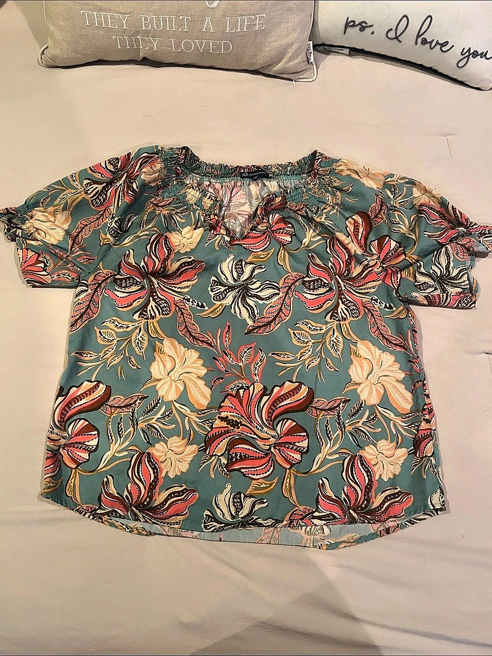 Democracy Floral Short Sleeve Blouse in Teal & Pink
